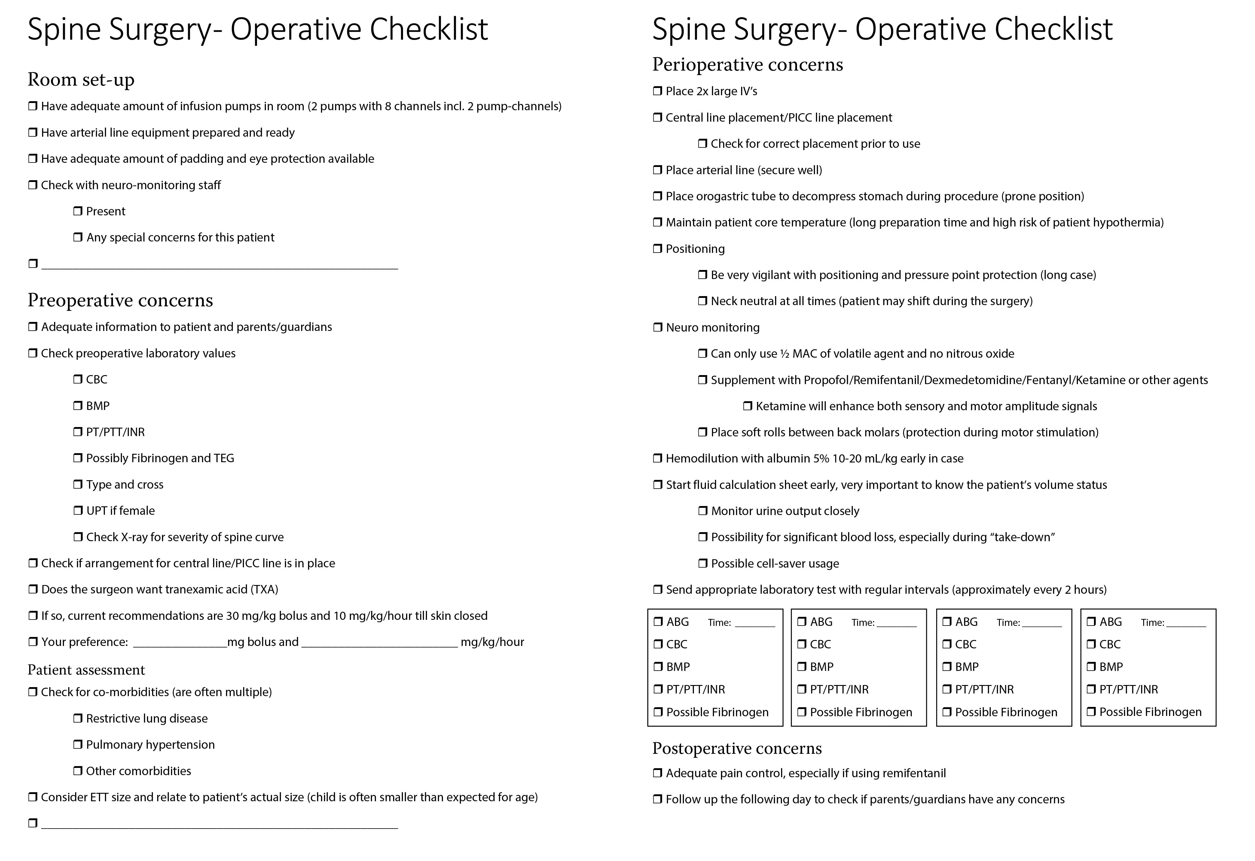 Spine Surgery - Operative Checklist